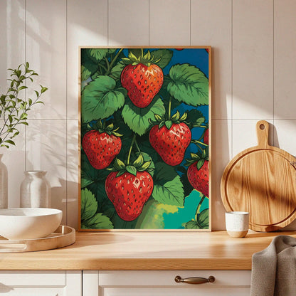 Printable wall art featuring vibrant red strawberries growing on lush green vines against a bold, colorful background, perfect for kitchen, farmhouse, or fruit-themed decor
