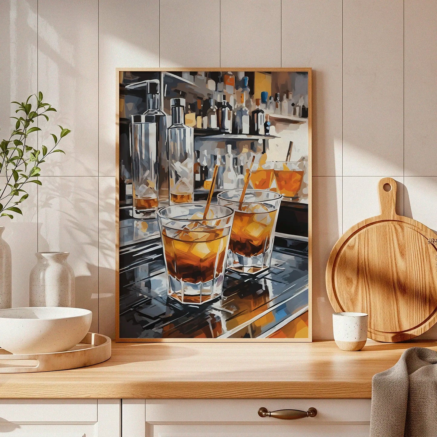 Printable wall art of stylish cocktail glasses filled with whiskey and ice, set on a reflective bar counter with bottles in the background, perfect for modern kitchen, home bar, or lounge decor