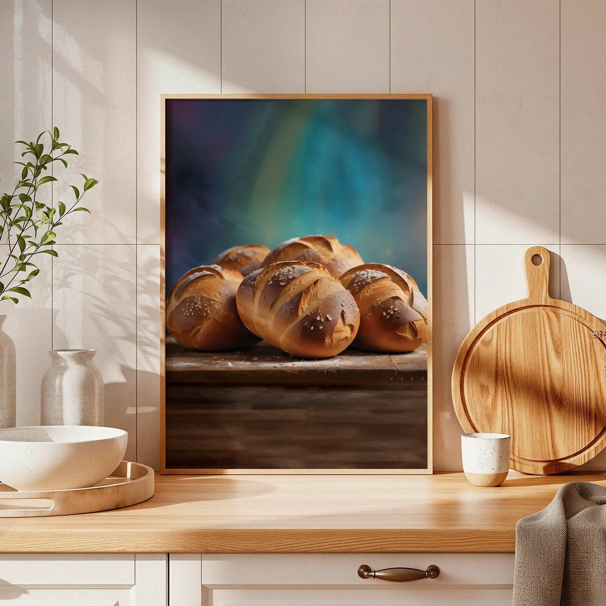 Printable wall art of freshly baked golden brown bread rolls with coarse salt on top, arranged on a rustic wooden surface with a soft, moody background, perfect for cozy kitchen or bakery-themed decor