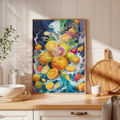 Printable wall art featuring a vibrant explosion of citrus and orchard fruits like oranges, lemons, grapefruits, apples, and limes splashing through colorful water, perfect for kitchen, juice bar, or bold fruit-themed decor