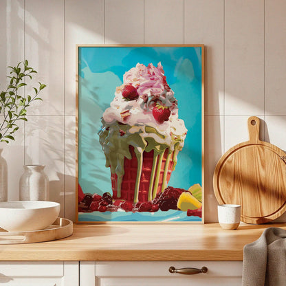 Vibrant printable wall art of a whimsical dessert featuring a red waffle cone overflowing with whipped cream, strawberries, green syrup, and assorted fruits against a bright aqua blue background, perfect for sweet-themed kitchen or cafe decor
