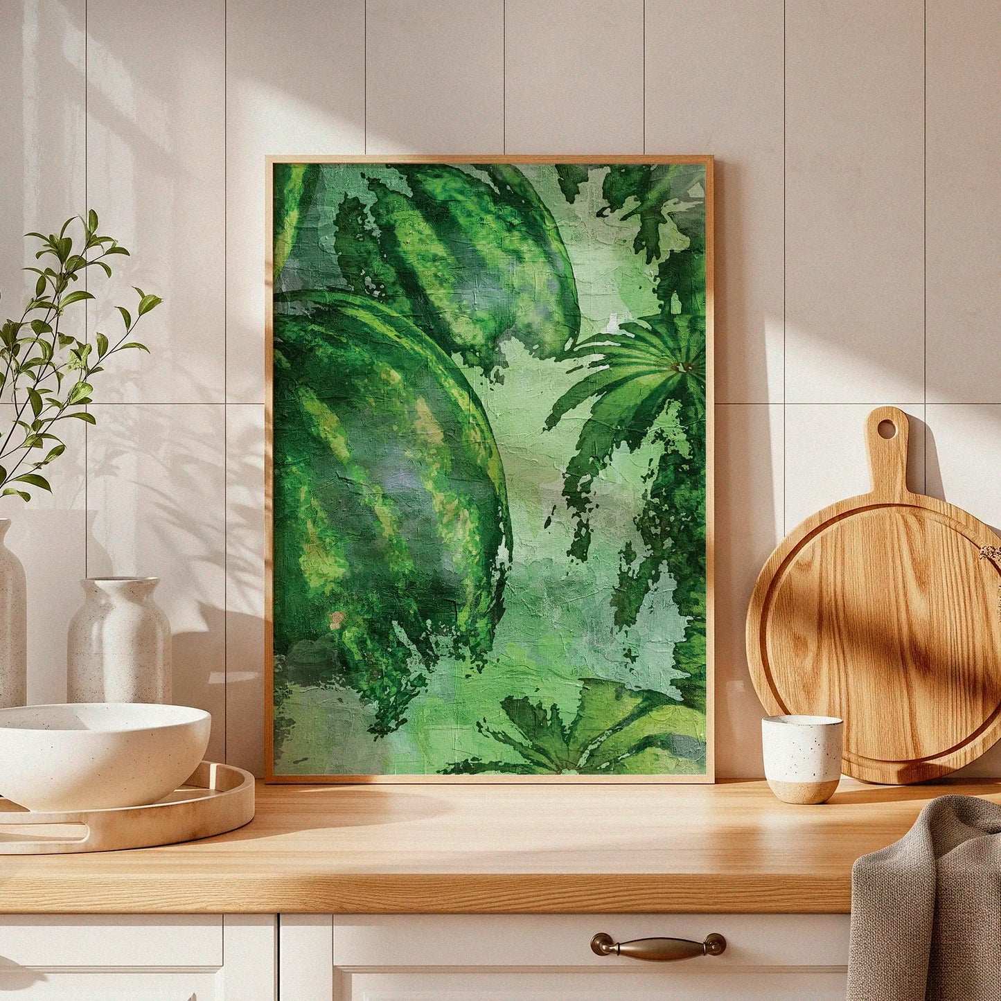 Rustic watercolor-style printable wall art featuring ripe green watermelons and lush leafy vines, ideal for kitchen, market, or farmhouse-themed decor