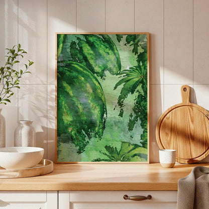 Rustic watercolor-style printable wall art featuring ripe green watermelons and lush leafy vines, ideal for kitchen, market, or farmhouse-themed decor
