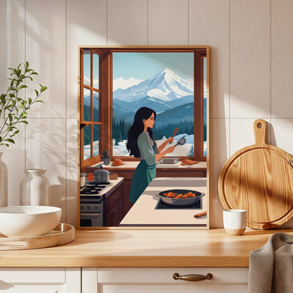 Cozy digital wall art of a woman cooking in a warm kitchen with large windows, overlooking snowy mountains and pine trees