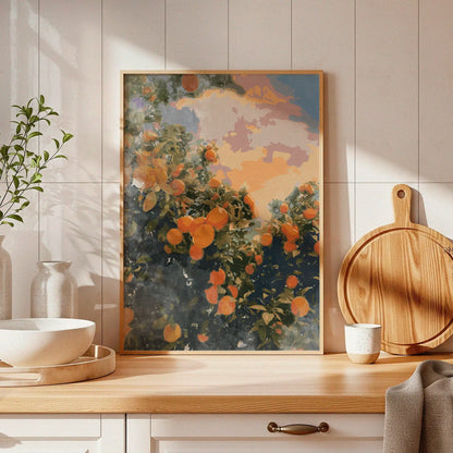 Sunset orchard printable wall art featuring vibrant orange fruit trees under a dreamy pastel sky, perfect for kitchen, dining, or farmhouse-inspired decor