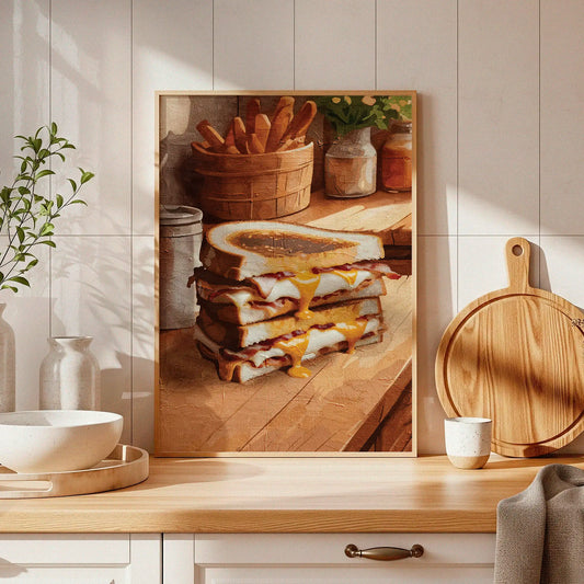Printable wall art of a stack of grilled cheese sandwiches with melted cheddar oozing out, set on a rustic wooden counter with warm tones and cozy kitchen details, perfect for food lovers and farmhouse-style decor