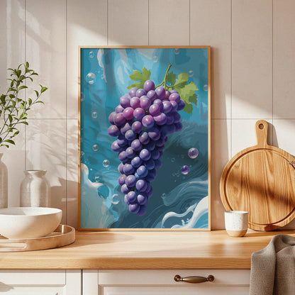 Printable wall art featuring a vibrant bunch of purple grapes with green leaves against a refreshing blue water-inspired background with bubbles, perfect for kitchen, dining room, or wine-themed decor.