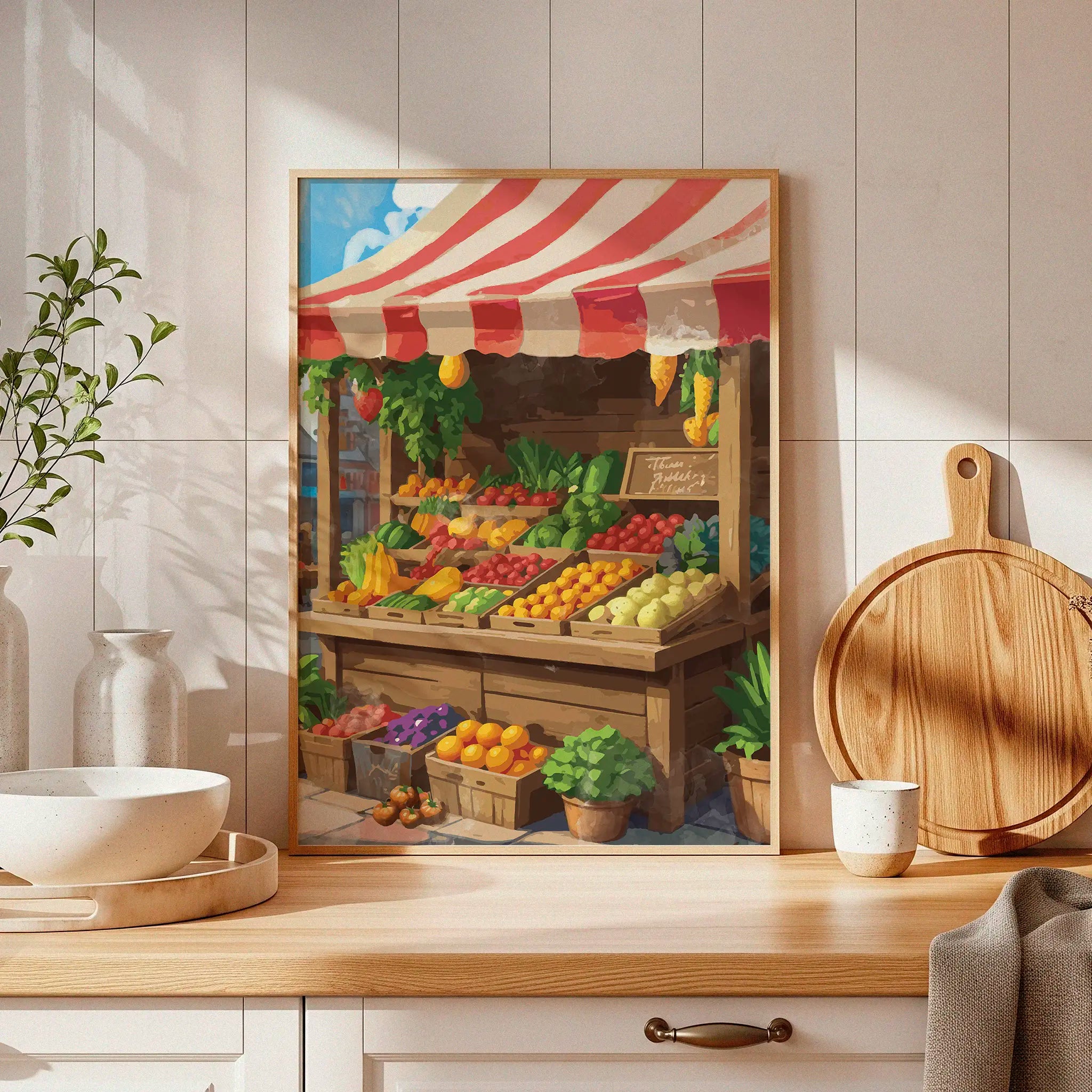 Printable wall art of a vibrant farmers market fruit and vegetable stand under a red and white striped canopy, filled with fresh produce like tomatoes, bananas, greens, oranges, and peppers, perfect for kitchen, market-style, or rustic home decor