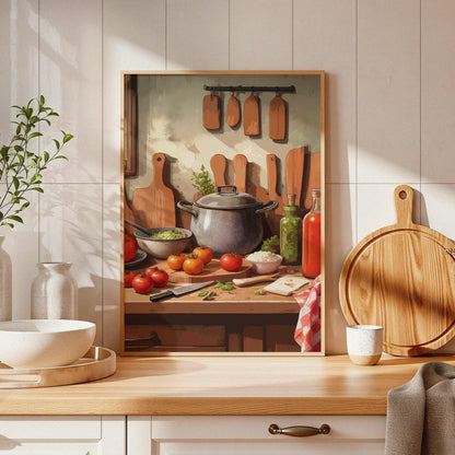 Printable wall art of a rustic kitchen scene with fresh tomatoes, herbs, a cooking pot, cutting boards, and bottles of oil and sauce on a wooden countertop, perfect for cozy farmhouse or kitchen-themed decor