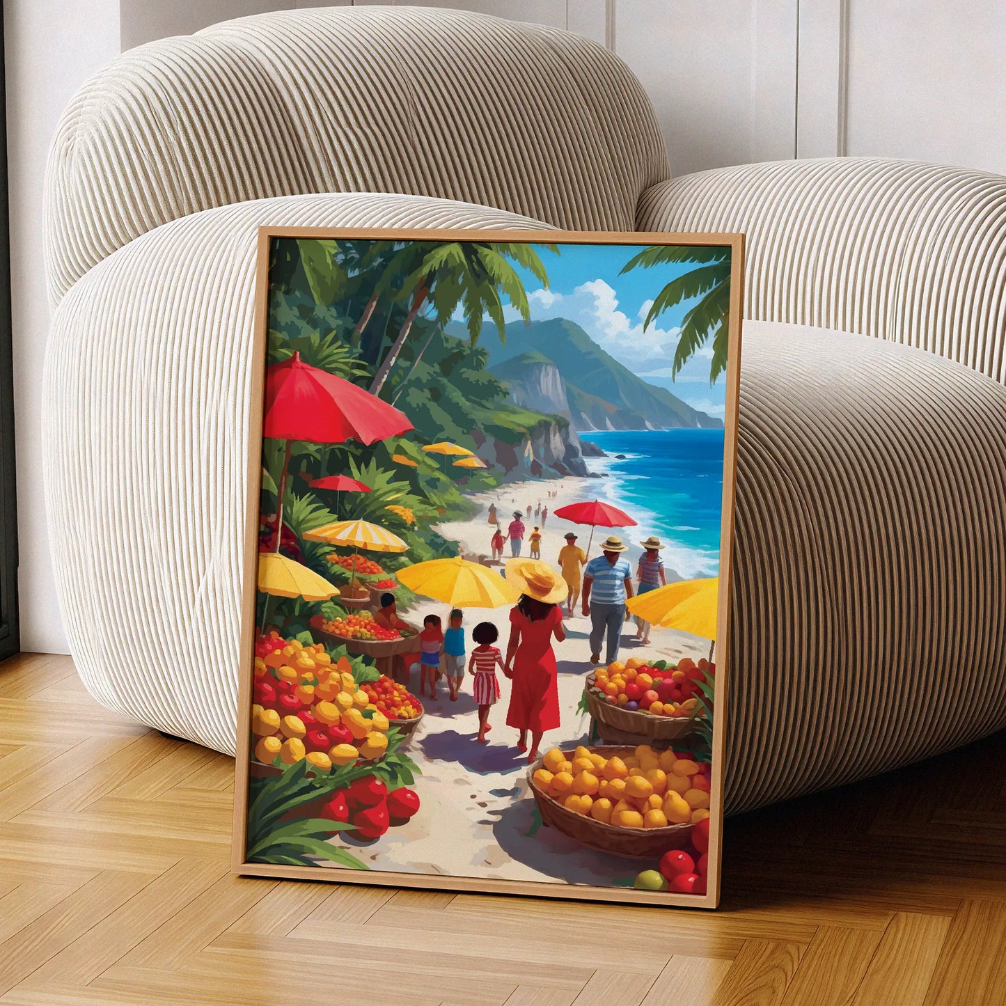 Vibrant coastal market illustration featuring people strolling along a sunny beach lined with colorful fruit stalls, palm trees, and bright umbrellas beside turquoise ocean water and tropical cliffs. Lively tropical wall art with a joyful summer atmosphere and rich, warm colors. Printable Wall Art. Digital Download.