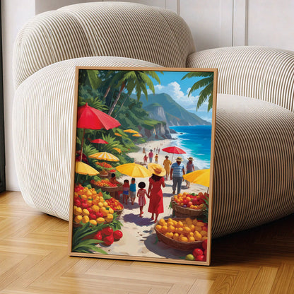 Vibrant coastal market illustration featuring people strolling along a sunny beach lined with colorful fruit stalls, palm trees, and bright umbrellas beside turquoise ocean water and tropical cliffs. Lively tropical wall art with a joyful summer atmosphere and rich, warm colors. Printable Wall Art. Digital Download.