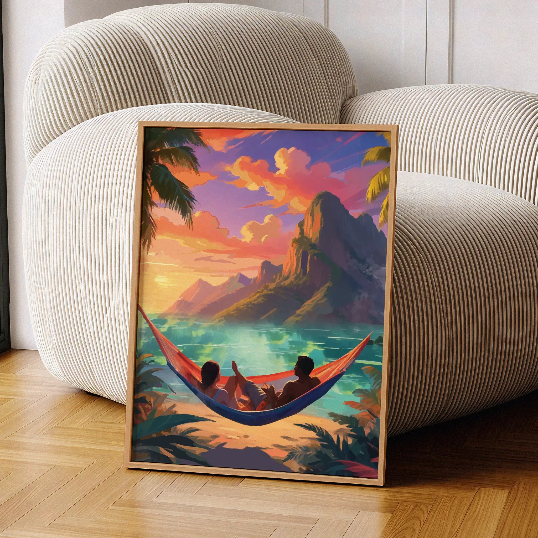 Romantic tropical sunset wall art showing a couple relaxing in a hammock by the beach, with palm trees, turquoise waters, and dramatic mountain cliffs under a vivid orange and pink sky