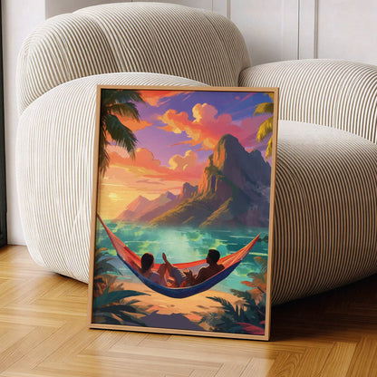 Romantic tropical sunset wall art showing a couple relaxing in a hammock by the beach, with palm trees, turquoise waters, and dramatic mountain cliffs under a vivid orange and pink sky
