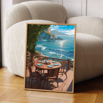 Scenic coastal printable wall art depicting a round wooden dining table set for five on a sunlit deck overlooking turquoise ocean waves and rocky cliffs under a bright blue sky, perfect for beach house, oceanview, or outdoor dining-inspired decor.