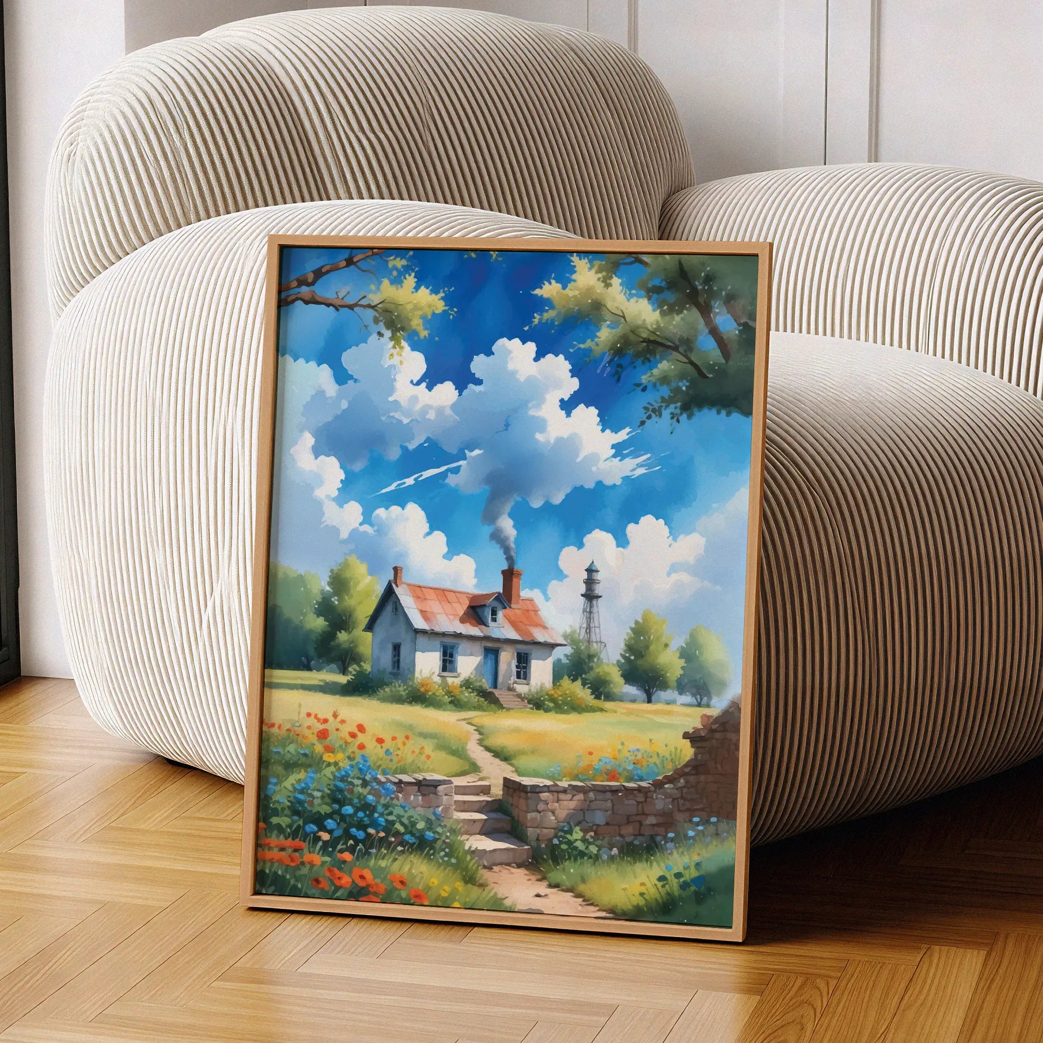 Charming countryside illustration of a cozy white cottage with a red roof surrounded by wildflowers and green fields, a winding stone path leading to the door, and soft clouds drifting across a bright blue sky. Peaceful rural wall art with a warm, nostalgic cottagecore atmosphere. Printable Wall Art. Digital Download.
