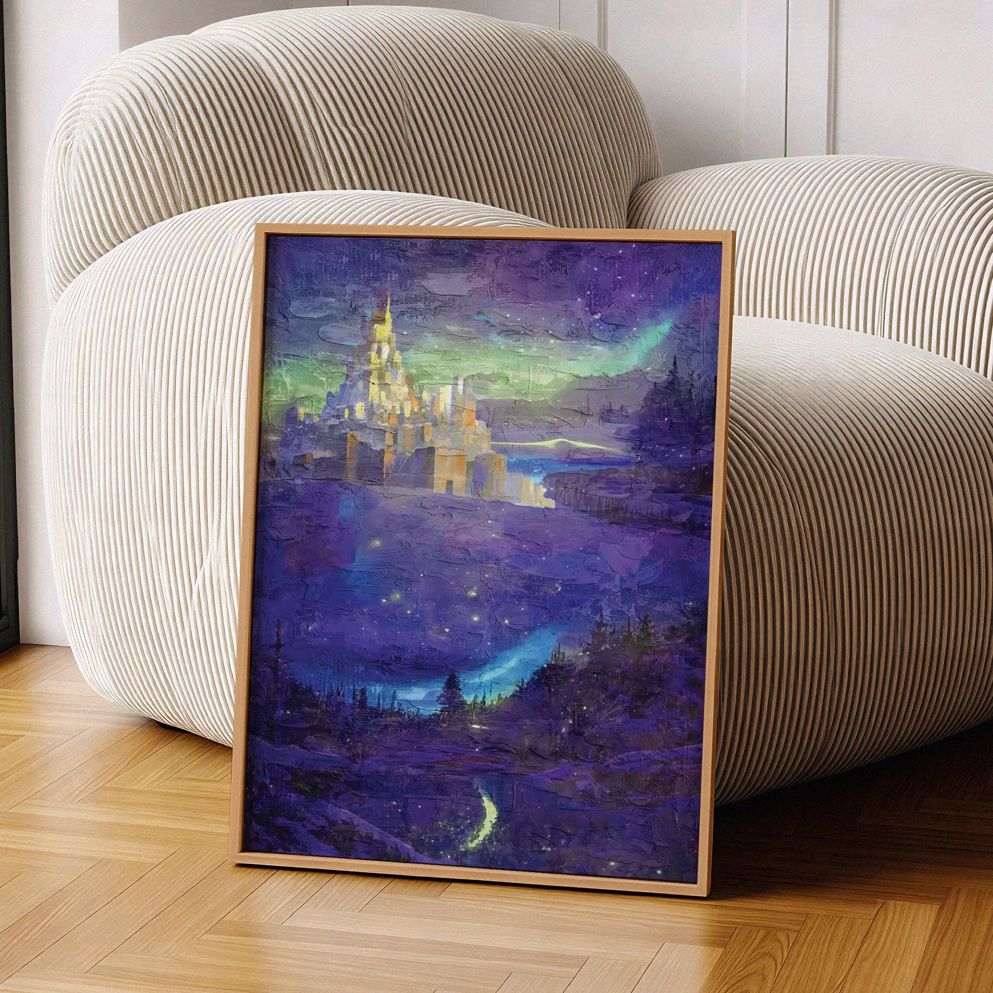 Fantasy castle wall art featuring a glowing golden fortress set against a mystical night sky with northern lights, surrounded by enchanted forests and illuminated by sparkling stars and a dreamy purple landscape