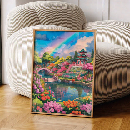 Vibrant printable wall art of a serene Japanese garden featuring a colorful rainbow, traditional pagoda, arched wooden bridges, and lush blooming flowers around a peaceful koi pond, perfect for zen, nature-inspired, or Asian-themed home decor.