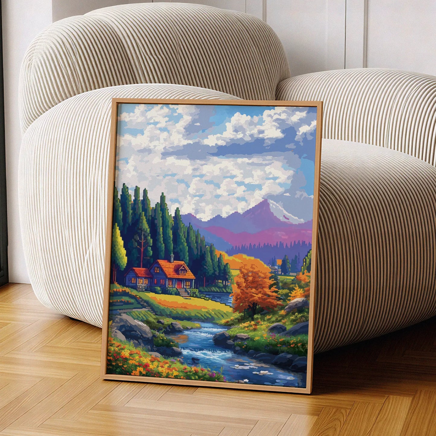 Cozy cabin-themed printable wall art featuring a charming wooden house by a flowing stream, surrounded by tall pine trees, autumn foliage, and distant purple mountains under a vibrant sky, perfect for rustic, nature-inspired, or fall season home decor