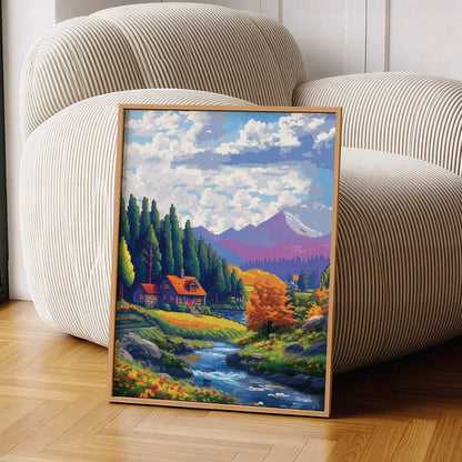 Cozy cabin-themed printable wall art featuring a charming wooden house by a flowing stream, surrounded by tall pine trees, autumn foliage, and distant purple mountains under a vibrant sky, perfect for rustic, nature-inspired, or fall season home decor
