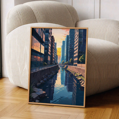 Digital painting of a serene urban canal at sunset, surrounded by tall glass buildings with warm reflections - modern printable wall art perfect for cityscape lovers and contemporary interiors