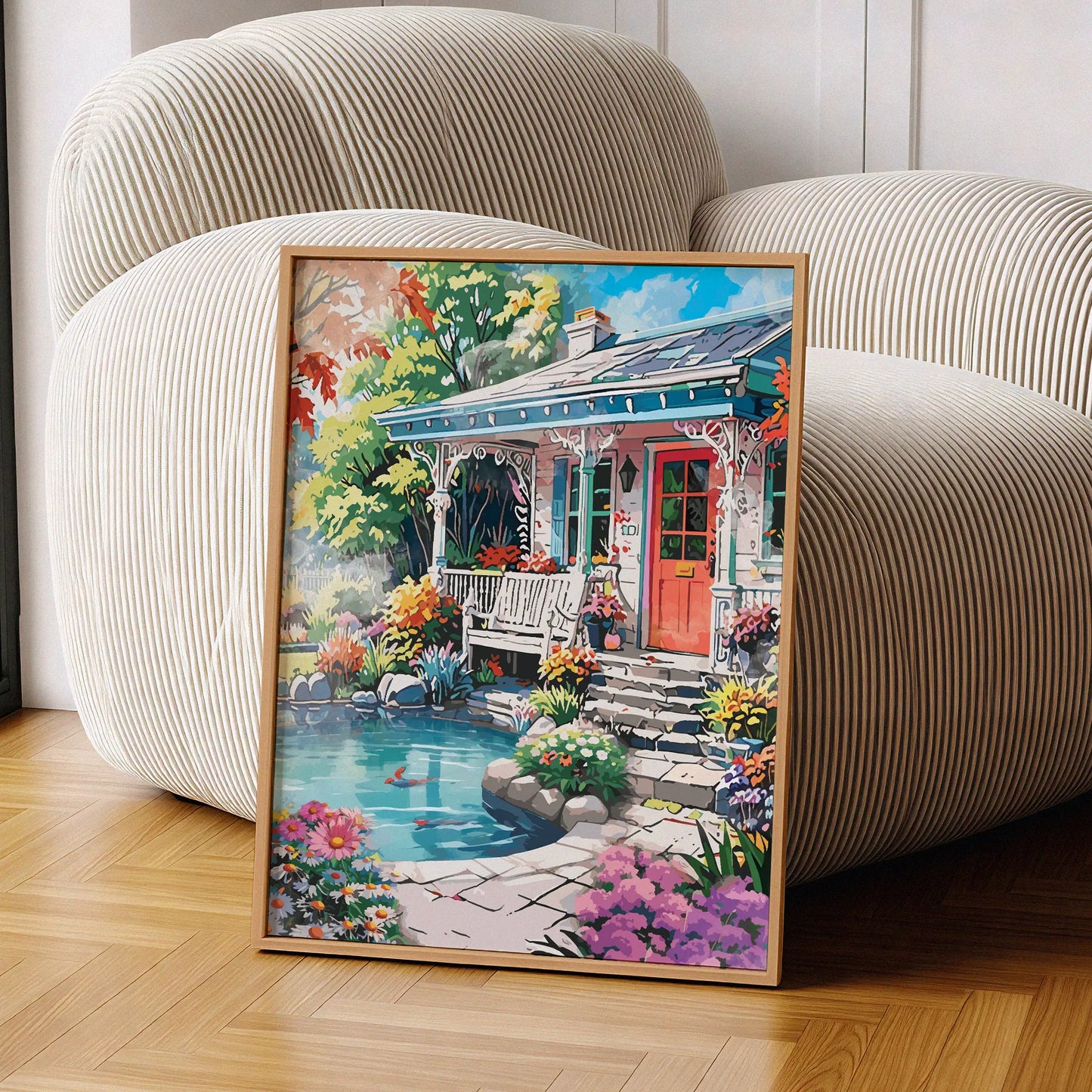 Charming garden cottage printable wall art featuring a cozy porch with a red door, white bench, and ornate trim, surrounded by blooming flowers and a koi pond under a bright blue sky - perfect for spring, floral, or cottagecore-inspired home decor