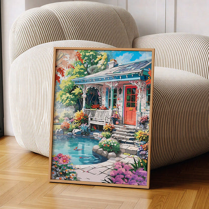 Charming garden cottage printable wall art featuring a cozy porch with a red door, white bench, and ornate trim, surrounded by blooming flowers and a koi pond under a bright blue sky - perfect for spring, floral, or cottagecore-inspired home decor