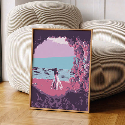 Dreamy beach wall art featuring a woman in a flowing dress standing by the ocean, framed by pink and purple foliage, with a calm sea and pastel sky creating a serene, romantic atmosphere