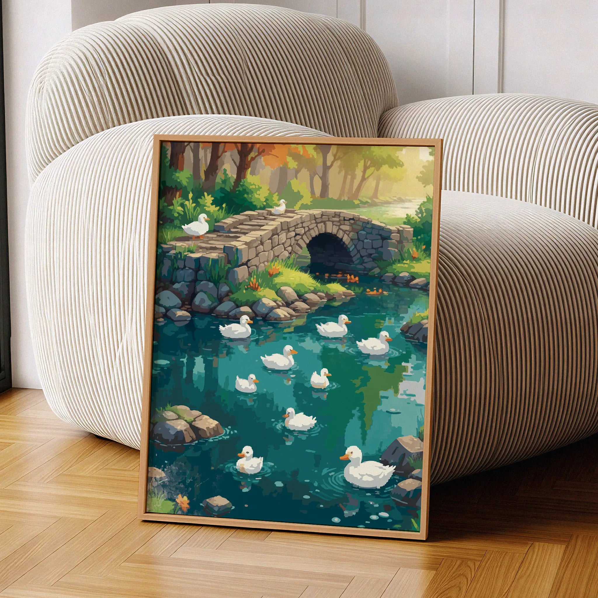 Peaceful nature scene featuring a group of white ducks swimming in a clear blue pond surrounded by rocks and greenery. A charming stone bridge crosses the water, with soft sunlight filtering through the trees, creating a warm and tranquil countryside atmosphere.