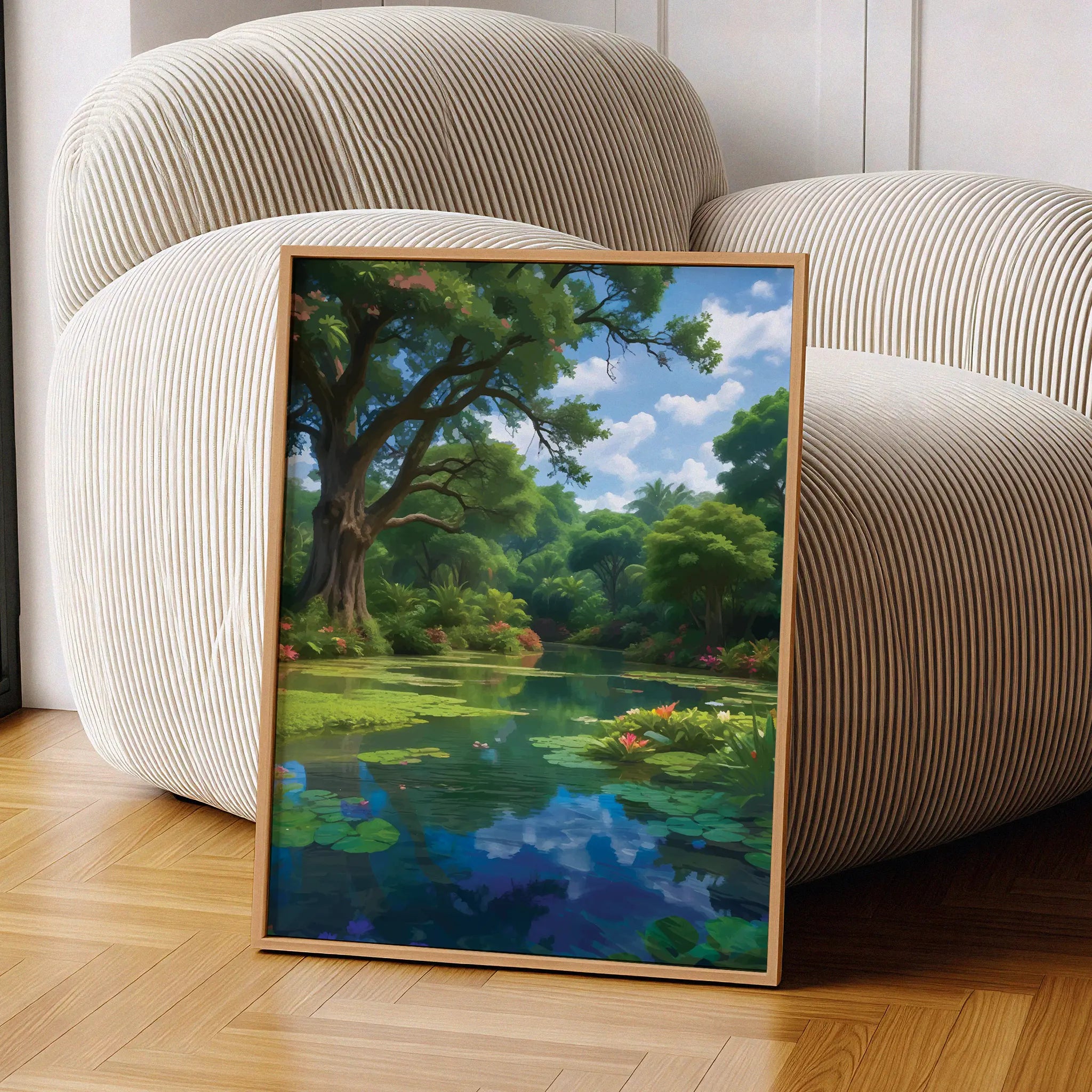 Tranquil landscape featuring a lush tropical pond surrounded by vibrant greenery, blooming water lilies, and tall trees with sprawling branches. The calm water reflects the blue sky and clouds, creating a serene and peaceful nature scene.