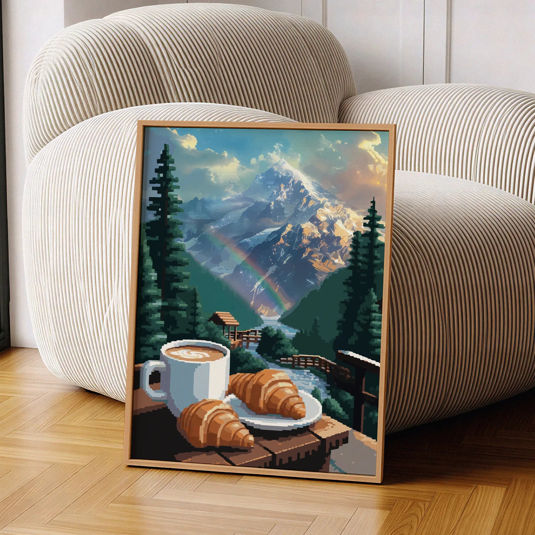 Cozy mountain-themed printable wall art featuring a cup of coffee and croissants on a wooden railing overlooking a flowing stream, lush pine trees, a rainbow, and majestic snow-covered peaks glowing in the morning light - perfect for cabin, breakfast nook, or nature lover decor
