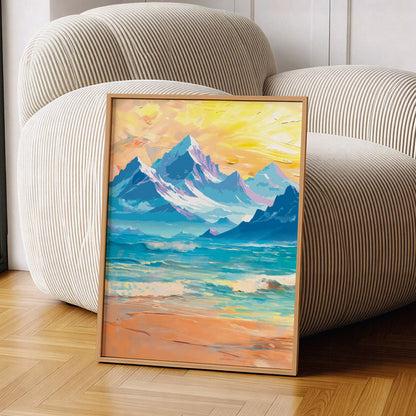Majestic mountain landscape wall art featuring snow-capped peaks above a serene turquoise lake and sandy shoreline, with a glowing sunrise casting golden hues across the sky