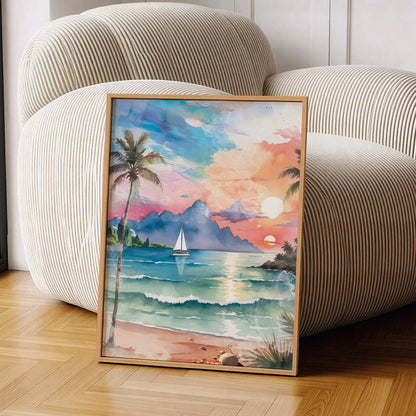 Watercolor-style printable wall art of a tropical beach sunset with palm trees, ocean waves, a sailboat, and mountains in the distance under a colorful sky