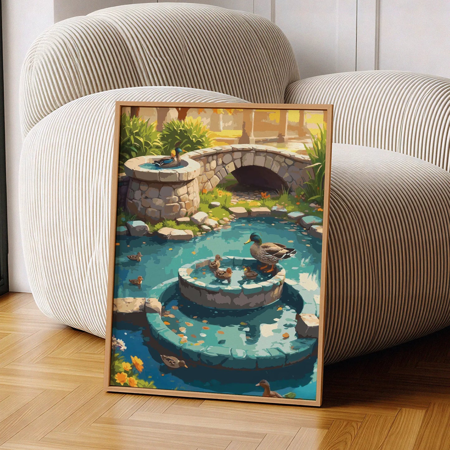 Charming illustrated garden scene featuring ducks and ducklings swimming in a turquoise pond with a tiered stone fountain and a small stone bridge in the background. Surrounded by lush greenery and warm sunlight, the artwork creates a peaceful, storybook countryside atmosphere. Printable Wall Art. Digital Download.