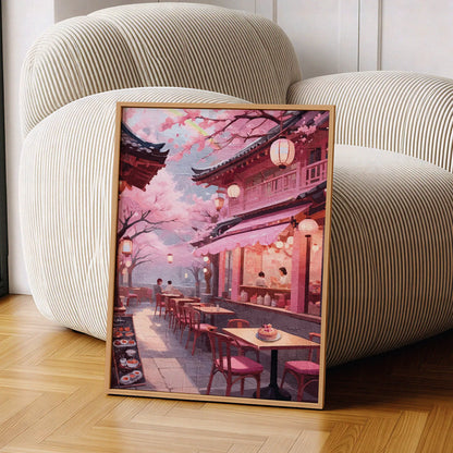 Romantic printable wall art of a serene outdoor café scene under blooming cherry blossom trees, with lantern-lit pink-toned architecture, cozy seating, and desserts on the table - ideal for Japan-inspired, spring, or pastel aesthetic decor