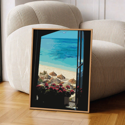 Coastal beach wall art featuring a tropical ocean view from an open window, with vibrant red flowers on the windowsill, straw beach umbrellas, lounge chairs, and crystal-clear turquoise water