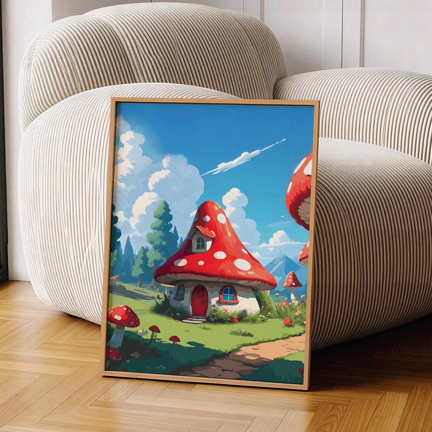 Whimsical fantasy scene featuring a cozy mushroom-shaped house with a red and white spotted roof, round windows, and a red door. Set in a sunny meadow with green grass, flowers, and tall trees under a bright blue sky with fluffy clouds and distant mountains