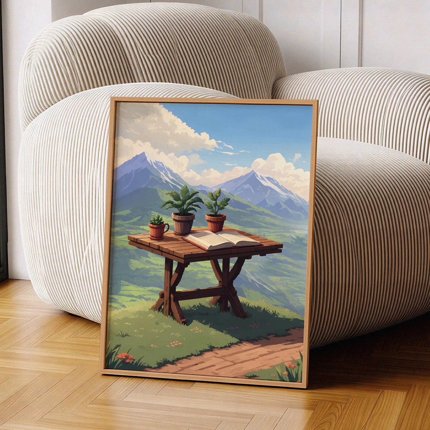 Scenic mountain view printable wall art featuring a rustic wooden table with potted plants and an open book, set against a breathtaking backdrop of lush green valleys and snow-capped peaks under a bright blue sky