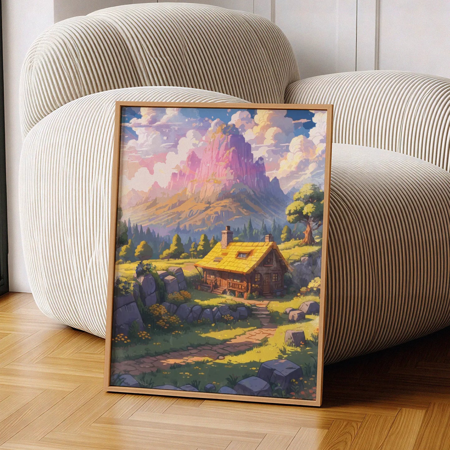 Printable wall art of a cozy wooden cabin with a yellow roof nestled in a sunlit meadow, surrounded by wildflowers, trees, and rocky hills, with majestic pink and purple mountains in the background, perfect for rustic and fantasy-inspired home decor