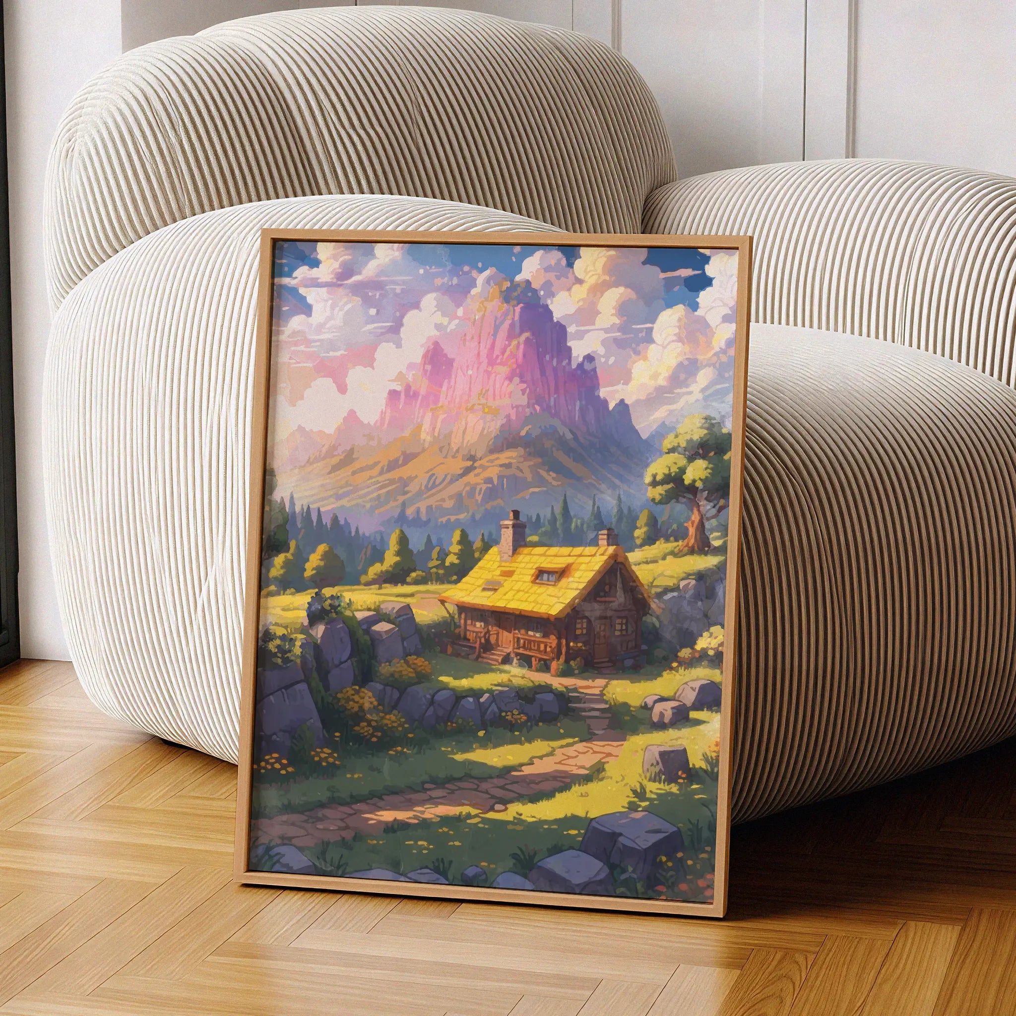 Printable wall art of a cozy wooden cabin with a yellow roof nestled in a sunlit meadow, surrounded by wildflowers, trees, and rocky hills, with majestic pink and purple mountains in the background, perfect for rustic and fantasy-inspired home decor
