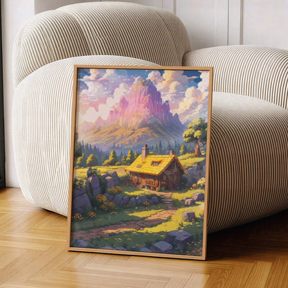 Printable wall art of a cozy wooden cabin with a yellow roof nestled in a sunlit meadow, surrounded by wildflowers, trees, and rocky hills, with majestic pink and purple mountains in the background, perfect for rustic and fantasy-inspired home decor