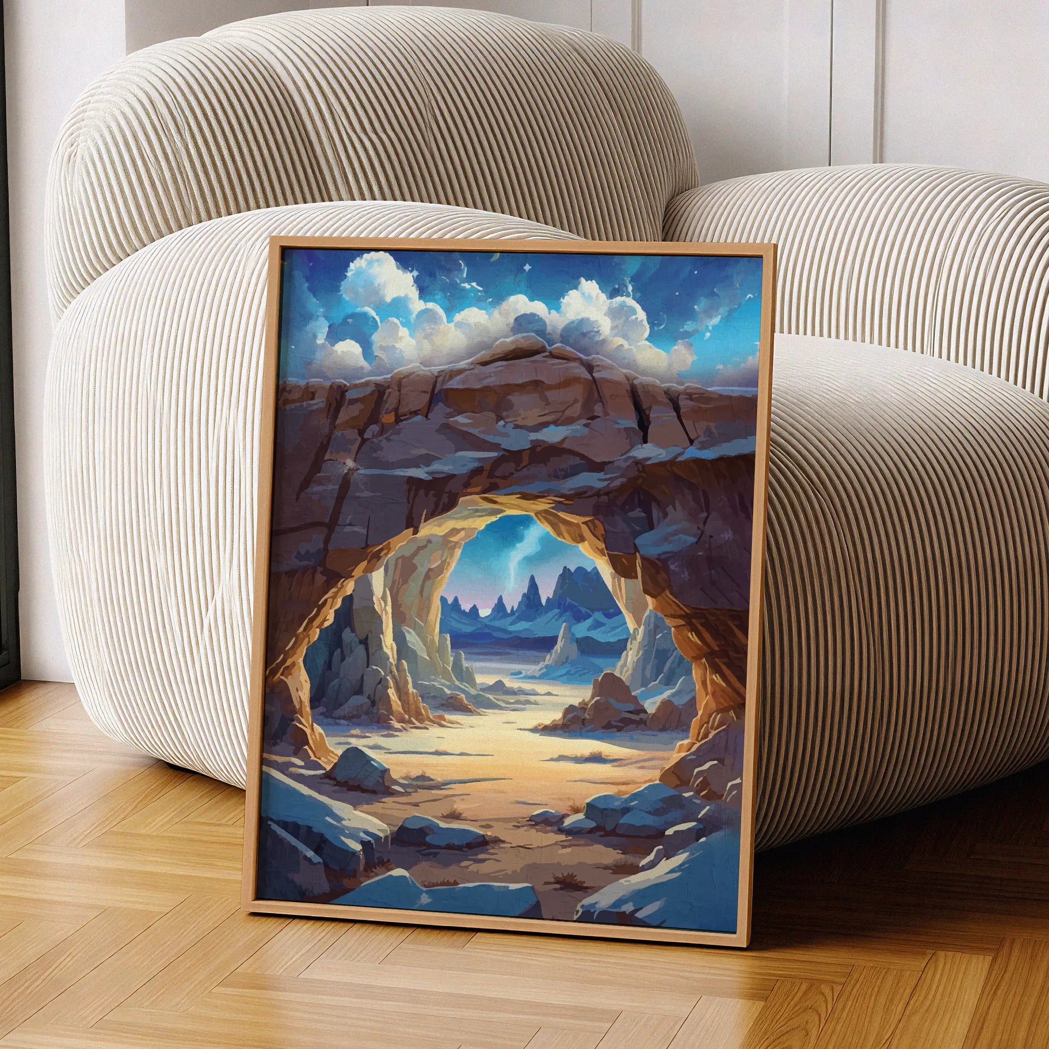 Digital painting of a scenic desert canyon with a natural rock arch framing distant mountains under a dreamy sky, printable wall art perfect for nature and landscape lovers