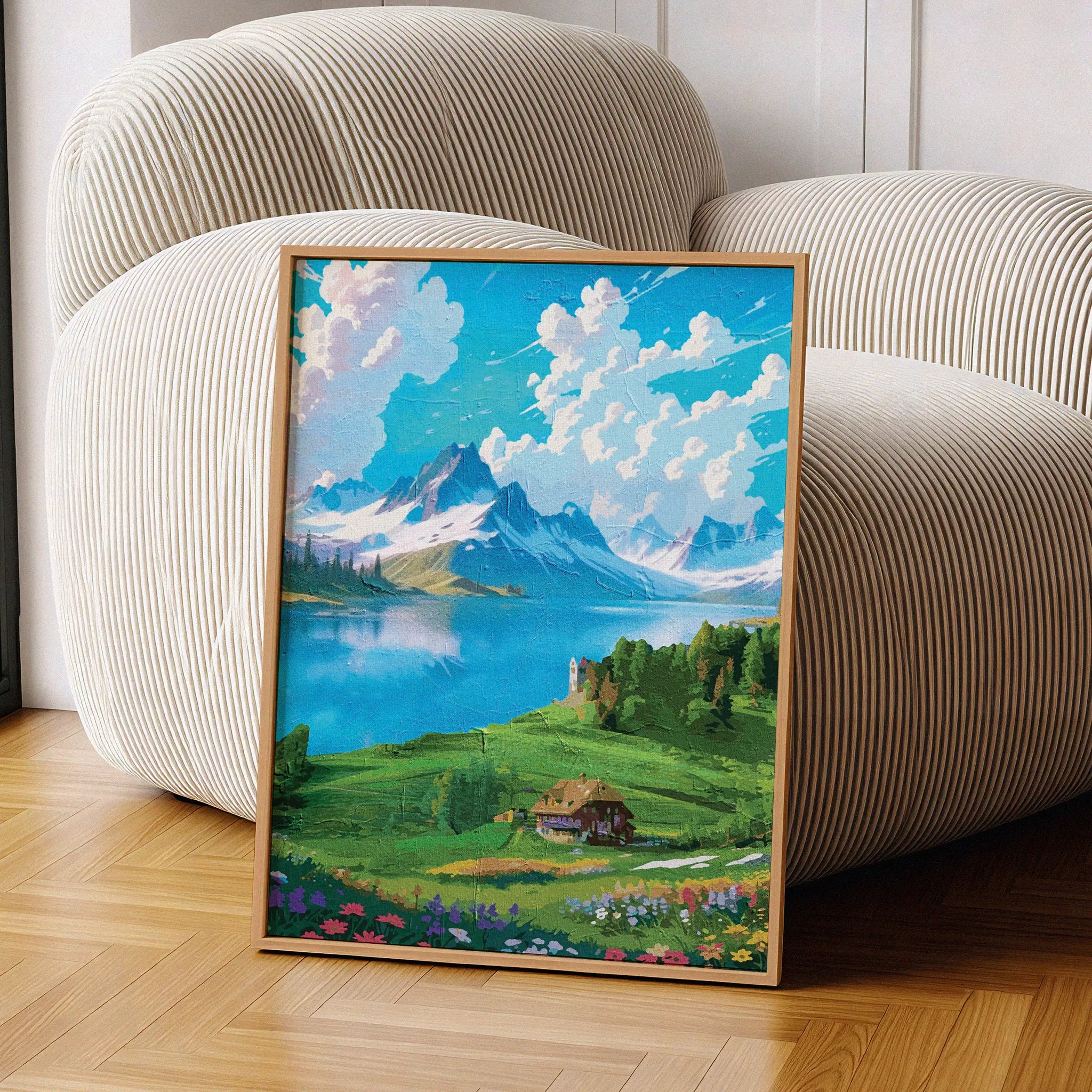 Vibrant digital painting of a scenic alpine landscape featuring a serene lake, snow-capped mountains, a cozy cottage, and blooming wildflowers - printable wall art for nature and travel lovers. 