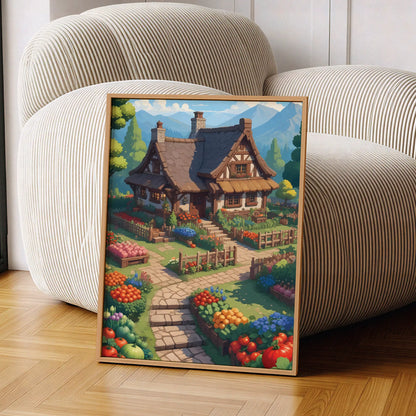 Charming cottagecore printable wall art featuring a fairytale-style house surrounded by a lush, colorful vegetable and flower garden, with stone paths, wooden fences, and mountain views in the background - perfect for cozy, homestead, or nature-inspired decor