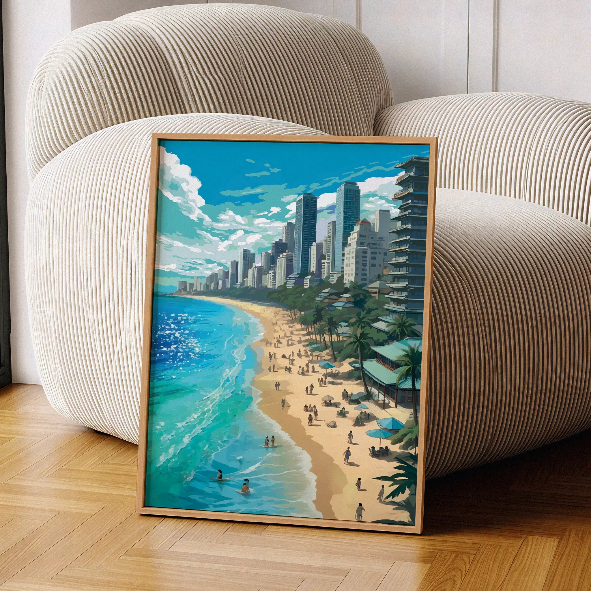 Vibrant city beach printable wall art featuring a sunny coastline with turquoise waves, golden sand, palm trees, and people enjoying the beach, set against a backdrop of modern skyscrapers under a dynamic sky - perfect for urban summer, travel, or coastal-themed decor