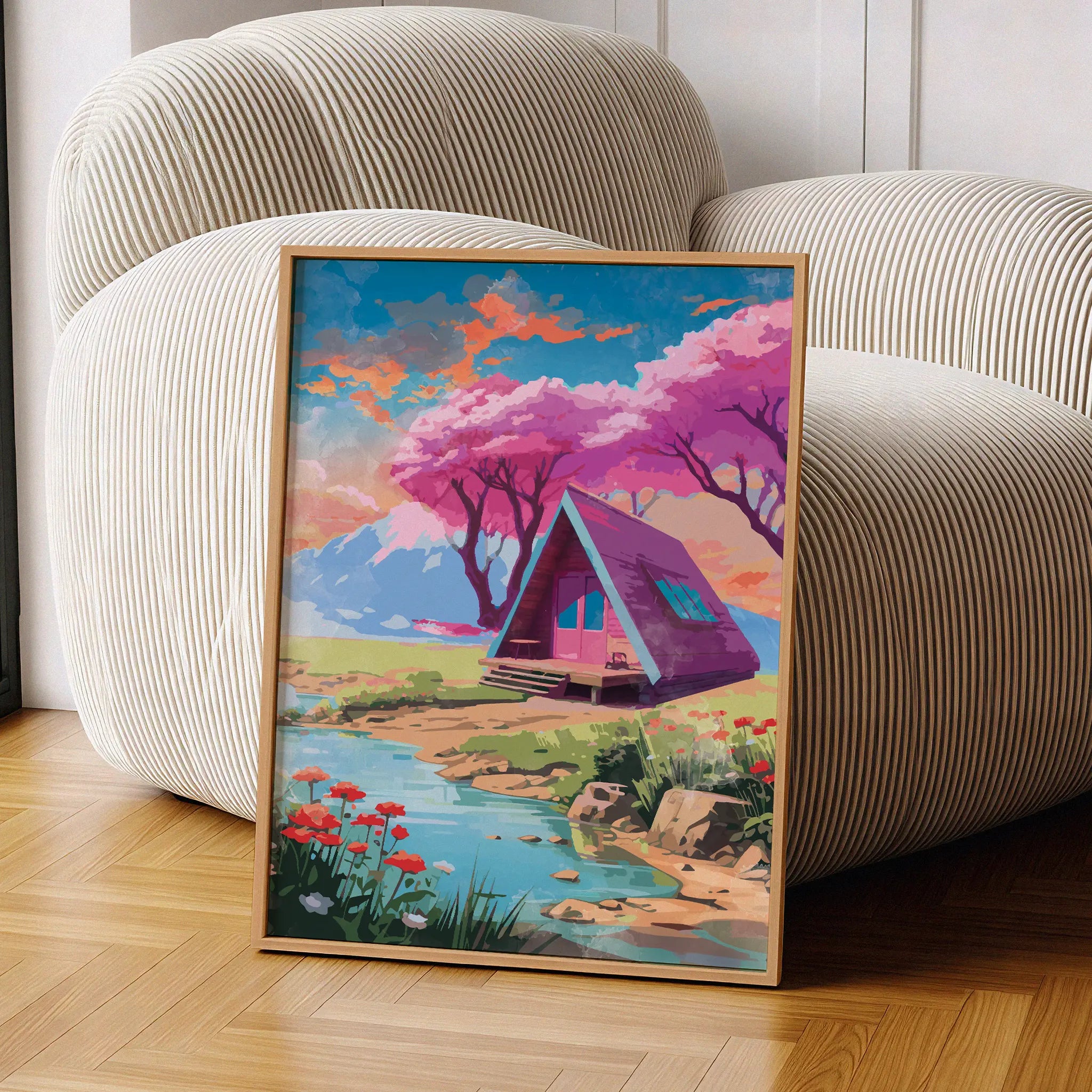 Whimsical cabin wall art featuring a modern A-frame house beside a tranquil stream, surrounded by blooming wildflowers, cherry blossom trees, and pastel skies with mountain views in the background
