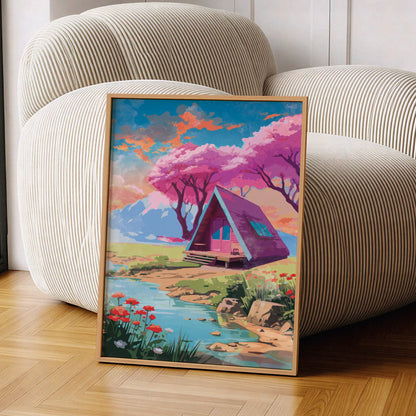 Whimsical cabin wall art featuring a modern A-frame house beside a tranquil stream, surrounded by blooming wildflowers, cherry blossom trees, and pastel skies with mountain views in the background