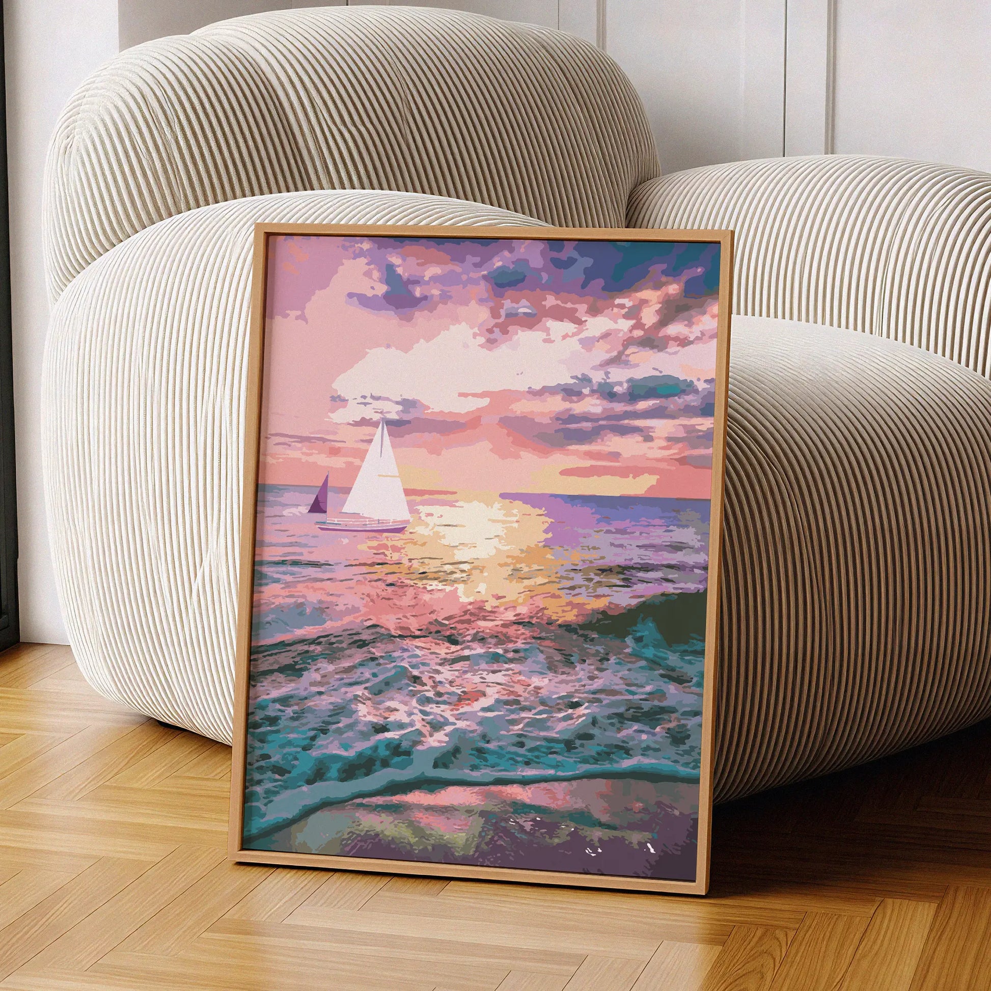 Romantic ocean sunset wall art featuring sailboats gliding across colorful waves under a glowing pink and purple sky, with sunlight reflecting beautifully on the water’s surface