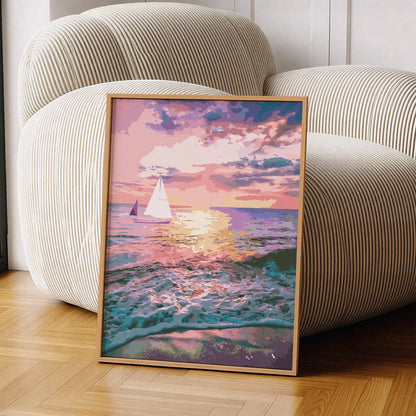 Romantic ocean sunset wall art featuring sailboats gliding across colorful waves under a glowing pink and purple sky, with sunlight reflecting beautifully on the water’s surface