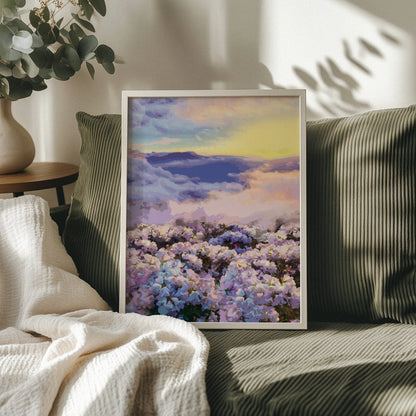Dreamy floral landscape printable wall art featuring a field of pastel blossoms beneath a radiant sky at sunset, perfect for romantic, tranquil, or nature-inspired interior decor.