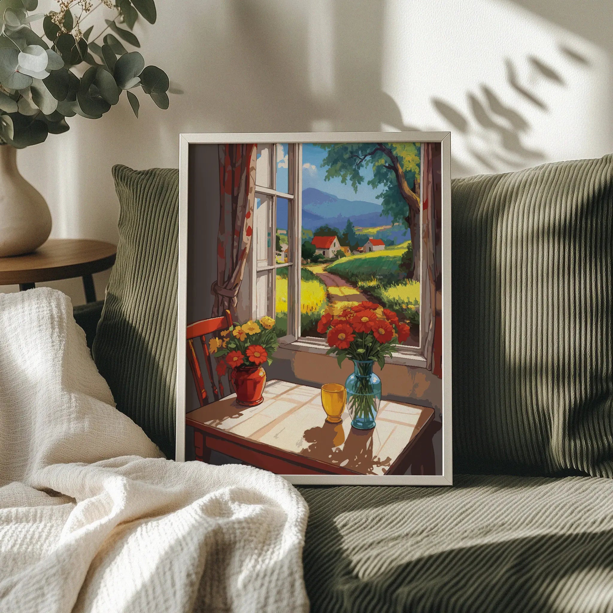 Cozy cottage window view with countryside path, red roof houses, mountains and flowers on table, rustic farmhouse printable wall art digital download